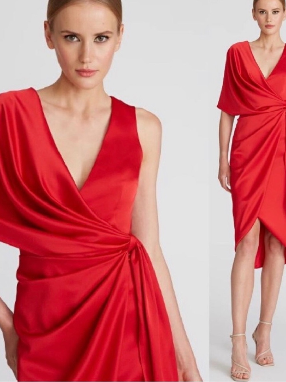 Theia Red One-Shoulder Draped Satin Dress